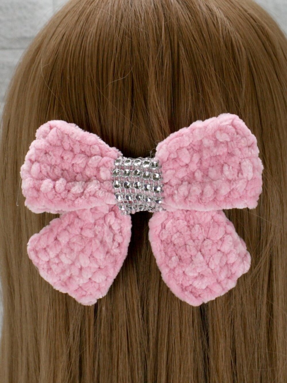 HAND CRAFTED Hair Bow Kids Crochet Chenille Velvet Hair Barrette Oversized Pink